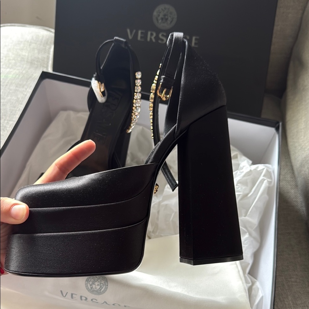 Versace Aevitas Platform Black Women's Shoes with Crystal Accents - Picture 8 of 9